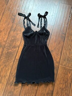 PrettyLittleThing Black Ribbed Mini Dress with Tie Straps